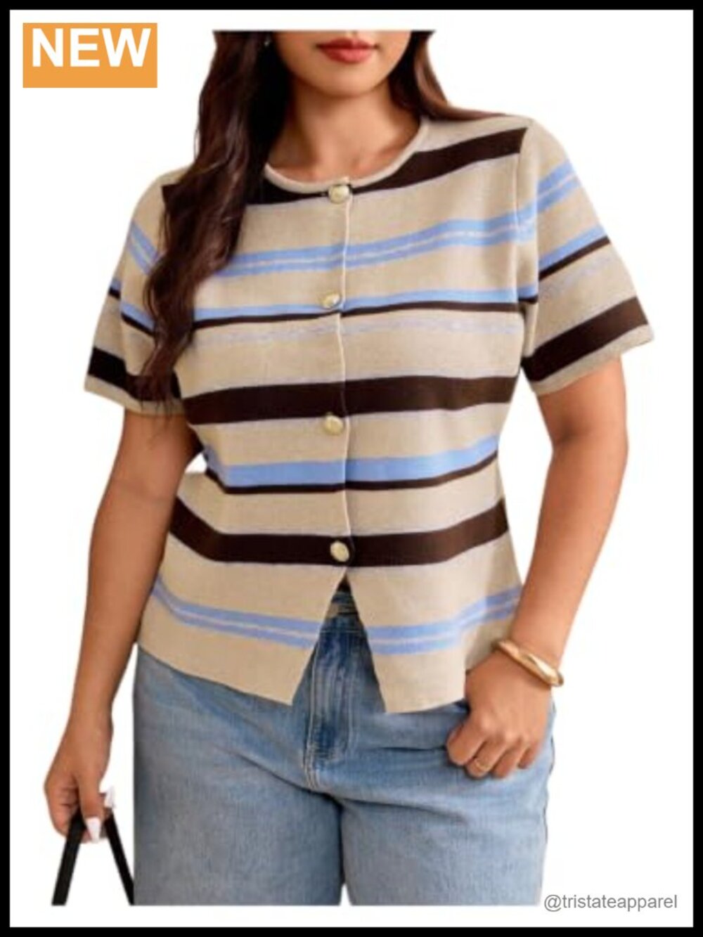 Plus Size Striped Knit Button Down Short Sleeve Blouse Women's Round Neck Top